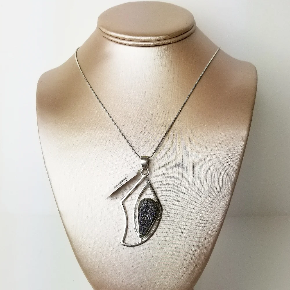 TITANIUM DRUZY GEMSTONE 925 SILVER PENDANT - Picture 3 of 11